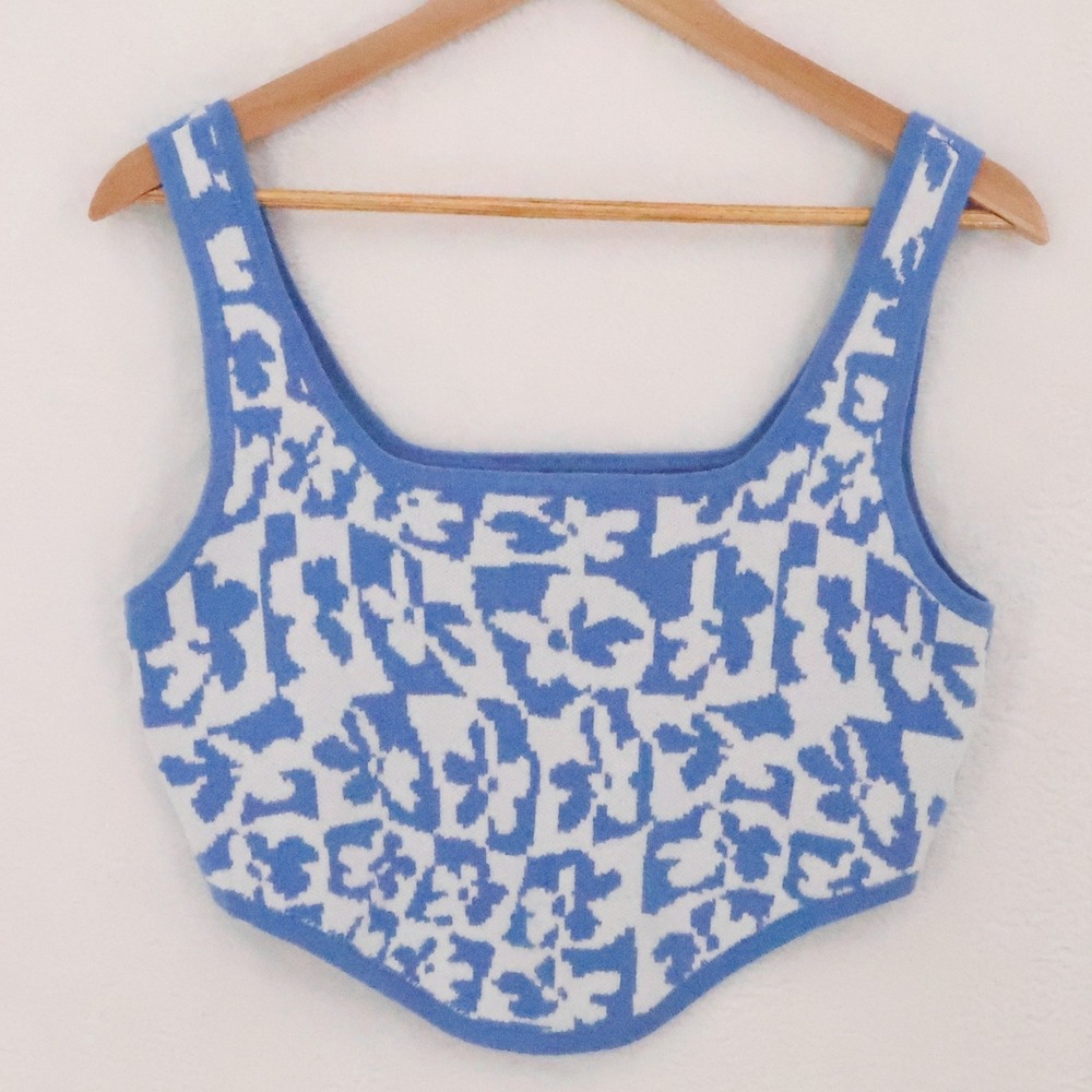 American Eagle Floral Knit Corset Tank Top Womens Size L Blue White Knit Cropped
